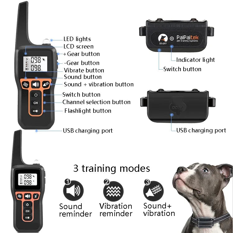 PaiPaitek PD529V-1 Dispositivo de Treino para Cães Anti-Latidos Coleira Vibratória Controlo Remoto a 1000M Equipamento de Treino para Animais, PD529V-1