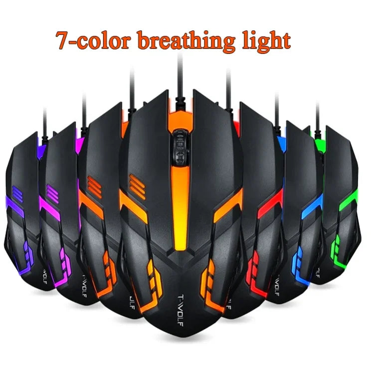 2 Unidades Rato com Fios T-WOLF V1 USB com 3 Botões 1200 DPI e Iluminação RGB de 7 Cores, Comprimento do Cabo: 1,35m