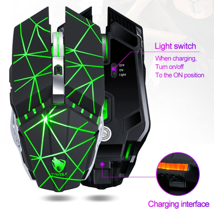 Rato sem fios recarregável silencioso para escritório e jogos T-WOLF Q15, 6 botões, 1600 DPI, luz respiratória de 7 cores, preto tecnológico, preto estrelas, branco pérola