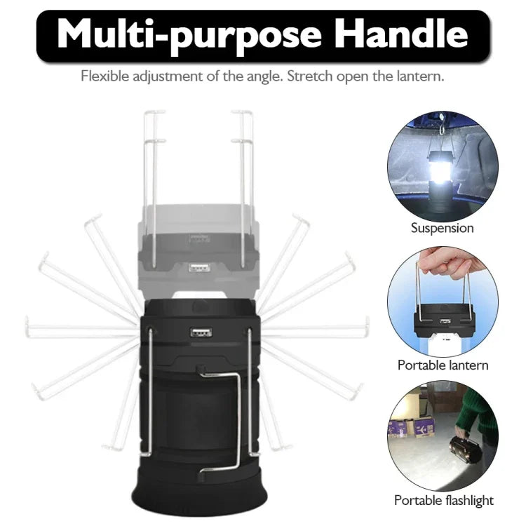 Luz de Tenda LED Solar Recarregável para Campismo, Lanterna Multifuncional Esticável, Suporta Saída USB, Solar + Ficha EU