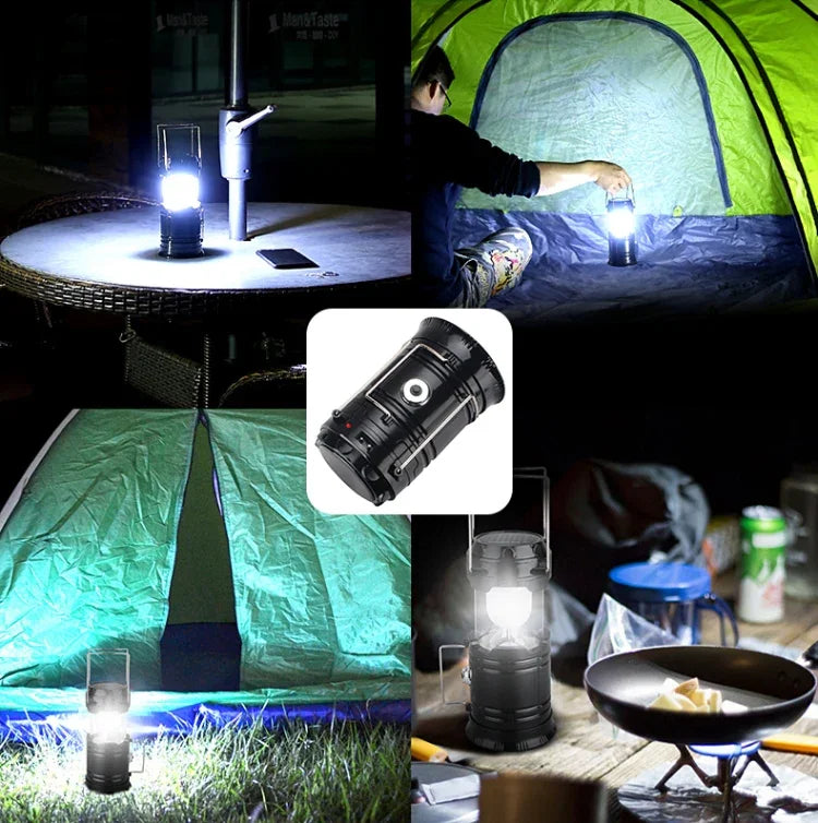 Luz de Tenda LED Solar Recarregável para Campismo, Lanterna Multifuncional Esticável, Suporta Saída USB, Solar + Ficha EU