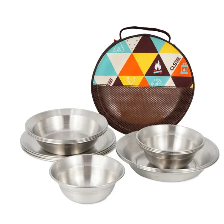 Conjunto de Talheres em Aço Inoxidável CLS para Camping ao Ar Livre, Kit Portátil de Tigela e Prato para Jantar, 16 Peças / Conjunto