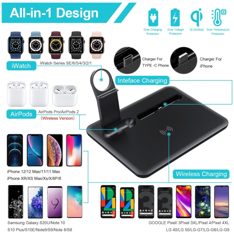 Base de Carregamento e Suporte para Telemóvel HQ-UD17 4 em 1 Carregador Sem Fios para iPhone, iWatch, AirPods e Outros Telemóveis Android, HQ-UD17