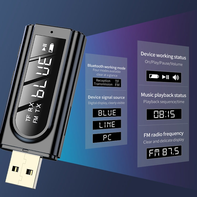 Adaptador Receptor Bluetooth 5.0 USB para Carro FM + AUX Áudio Saída Dupla Transmissor Estéreo, K9 Preto