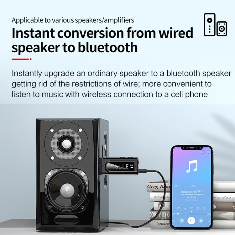 Adaptador Receptor Bluetooth 5.0 USB para Carro FM + AUX Áudio Saída Dupla Transmissor Estéreo, K9 Preto