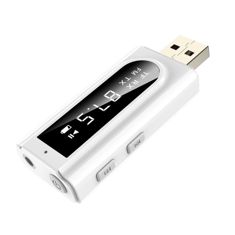 Adaptador Receptor Bluetooth 5.0 USB para Carro FM + AUX Áudio Saída Dupla Transmissor Estéreo, K9 Branco