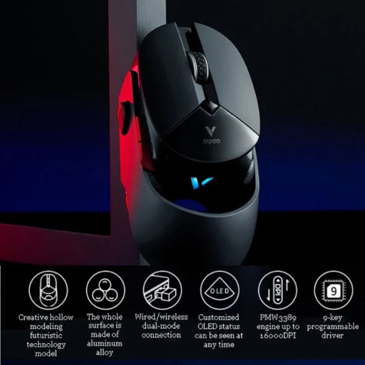 Rapoo VT960 Rato Gaming Sem Fios com 1600 DPI, 7 Teclas, Modo Duplo, Macro Programável, Iluminação RGB Symphony