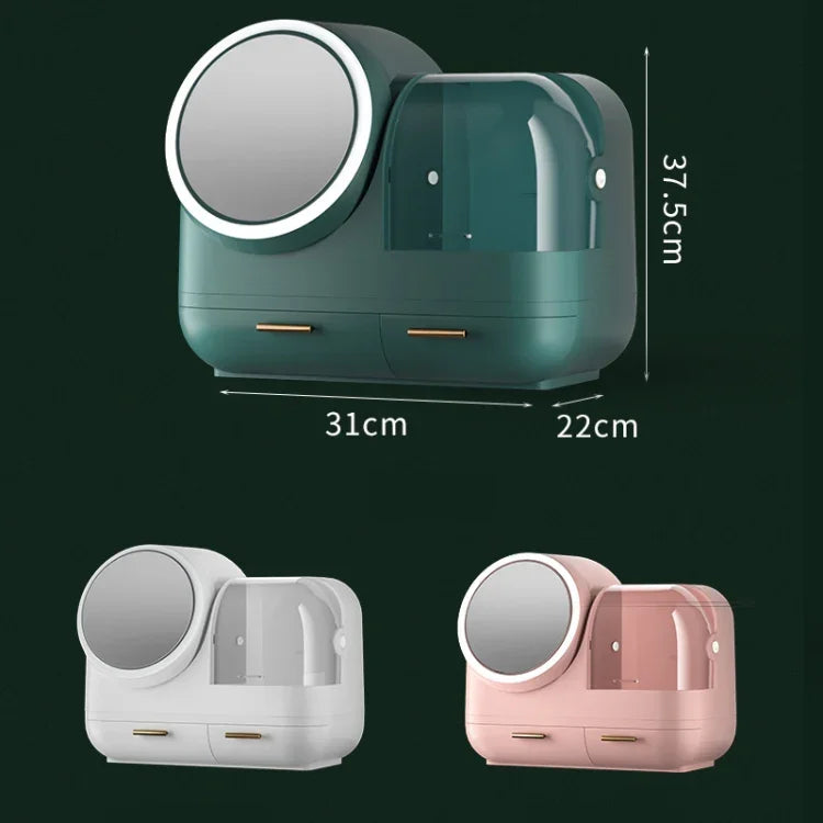 Caixa de Armazenamento de Secretária para Maquilhagem e Anti-Pó com Espelho e Luz LED, Modelo LED Verde, Modelo LED Rosa, Modelo LED Branco, Modelo LED Verde + Ventoinha, Modelo LED Rosa + Ventoinha, Modelo LED Branco + Ventoinha