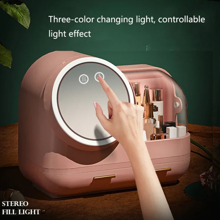 Caixa de Armazenamento de Secretária para Maquilhagem e Anti-Pó com Espelho e Luz LED, Modelo LED Verde, Modelo LED Rosa, Modelo LED Branco, Modelo LED Verde + Ventoinha, Modelo LED Rosa + Ventoinha, Modelo LED Branco + Ventoinha