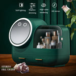 Caixa de Armazenamento de Secretária para Maquilhagem e Anti-Pó com Espelho e Luz LED, Modelo LED Verde, Modelo LED Rosa, Modelo LED Branco, Modelo LED Verde + Ventoinha, Modelo LED Rosa + Ventoinha, Modelo LED Branco + Ventoinha