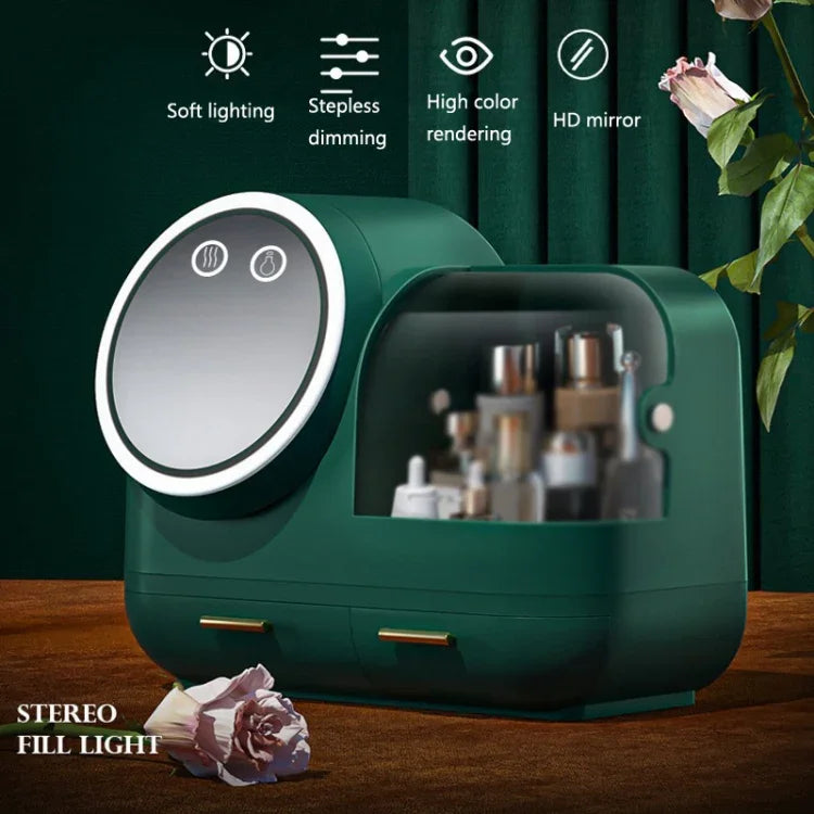 Caixa de Armazenamento de Secretária para Maquilhagem e Anti-Pó com Espelho e Luz LED, Modelo LED Verde, Modelo LED Rosa, Modelo LED Branco, Modelo LED Verde + Ventoinha, Modelo LED Rosa + Ventoinha, Modelo LED Branco + Ventoinha