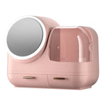 Caixa de Armazenamento de Secretária para Maquilhagem e Anti-Pó com Espelho e Luz LED, Modelo LED Verde, Modelo LED Rosa, Modelo LED Branco, Modelo LED Verde + Ventoinha, Modelo LED Rosa + Ventoinha, Modelo LED Branco + Ventoinha