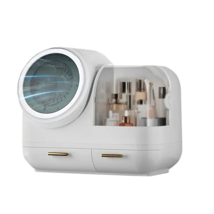 Caixa de Armazenamento de Secretária para Maquilhagem e Anti-Pó com Espelho e Luz LED, Modelo LED Verde, Modelo LED Rosa, Modelo LED Branco, Modelo LED Verde + Ventoinha, Modelo LED Rosa + Ventoinha, Modelo LED Branco + Ventoinha