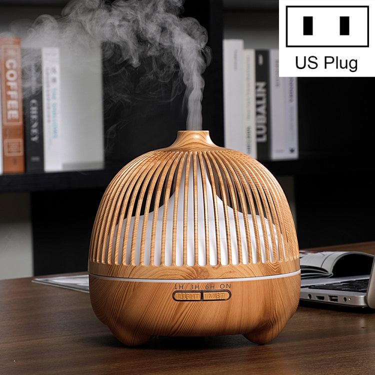 Máquina de aromaterapia gráfica de gaiola de pássaro em madeira, humidificador ultrassónico inteligente para casa com luz noturna colorida oca, ficha US, ficha EU, ficha AU, ficha UK