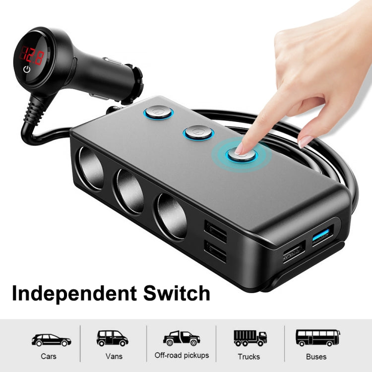 Car Cigarette Lighter Car Charger 3USB Port +1 QC3.0 + 3 Cigarette Lighter Ports + Back Clip Design + LED Display, HC67A