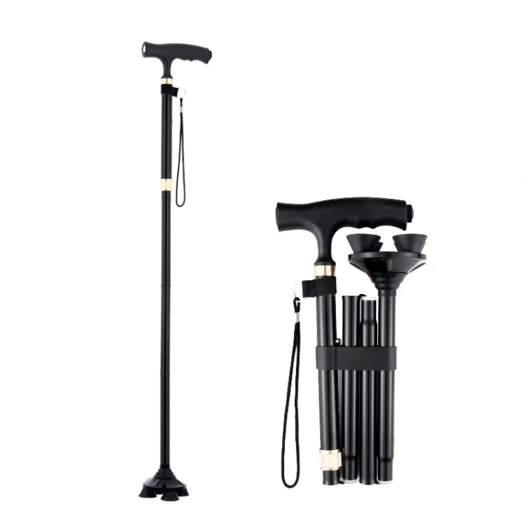 TBS-009 Muletas dobráveis de quatro pernas para idosos, liga de alumínio, leves e multifuncionais, antiderrapantes com luz, TBS-009 (Preto), TBS-009 (Castanho)