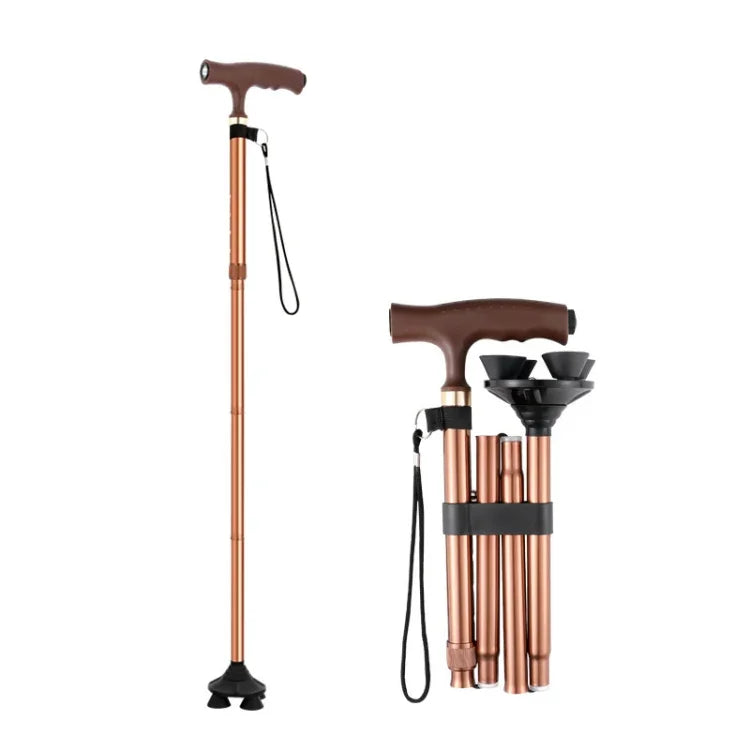 TBS-009 Muletas dobráveis de quatro pernas para idosos, liga de alumínio, leves e multifuncionais, antiderrapantes com luz, TBS-009 (Preto), TBS-009 (Castanho)