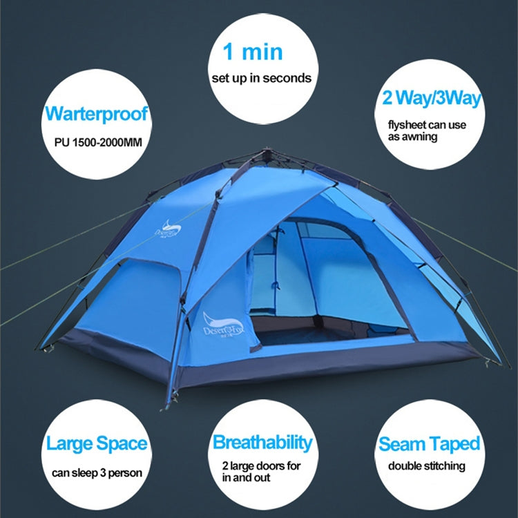 Tenda de Acampamento de Viagem ao Ar Livre Desert&Fox Tenda Automática de Praia Fácil de Montar para 3-4 Pessoas, Verde Exército, Azul Céu, Verde Fruta