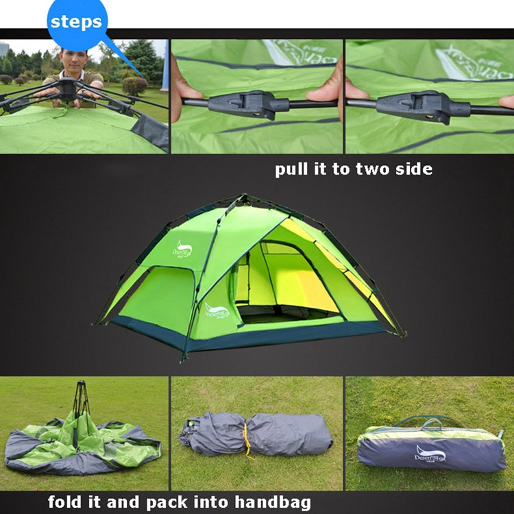 Tenda de Acampamento de Viagem ao Ar Livre Desert&Fox Tenda Automática de Praia Fácil de Montar para 3-4 Pessoas, Verde Exército, Azul Céu, Verde Fruta