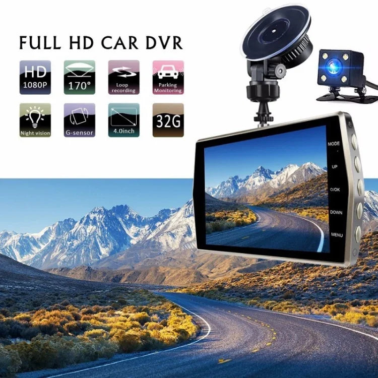 Gravador de Condução com Dupla Lente HD 1080P de 4 Polegadas com Visão Noturna Frontal e Traseira, 1080P