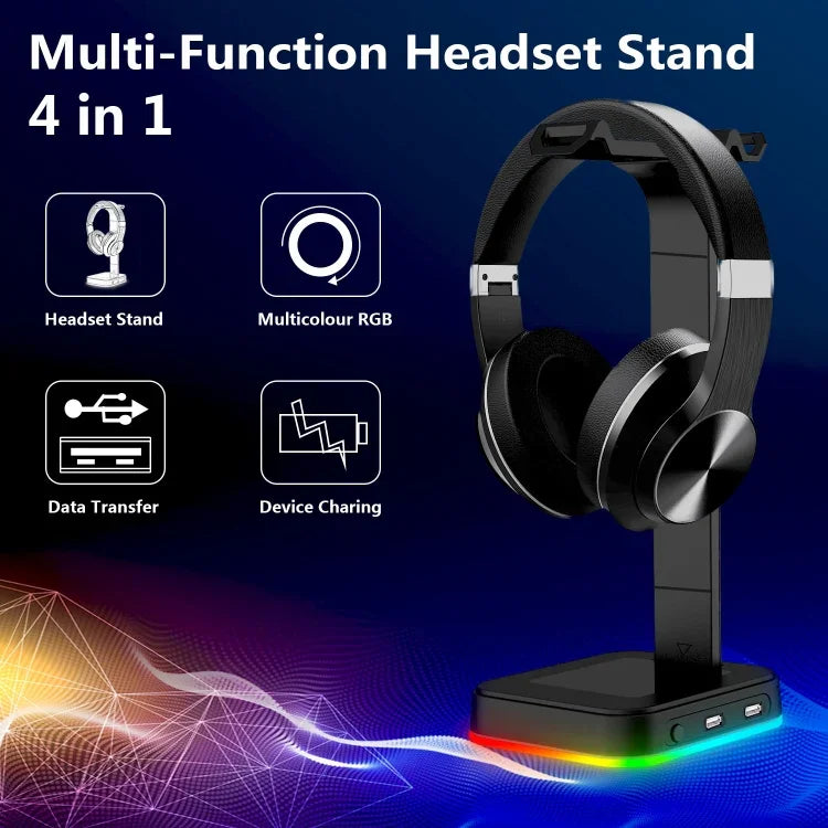 RGBD9 Suporte para Auscultadores RGB com Mudança de Cor Suporte para Auscultadores Gaming Expositor para Auscultadores Gaming com Duas Portas USB, RGBD9