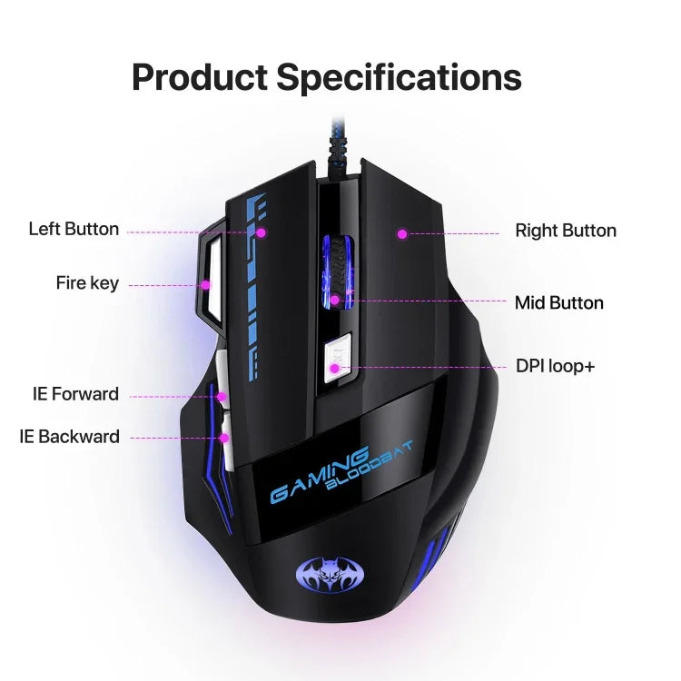 GAMING BLOODBAT GM02 Rato de Jogo USB com Fios 7 Teclas Optoelectrónico Luzes Respiratórias Digitais