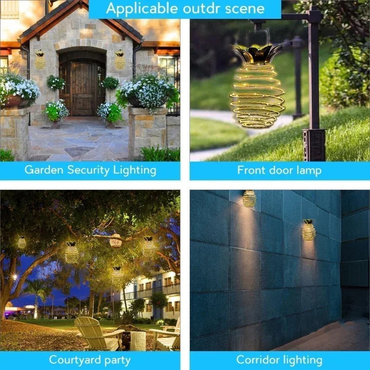 Luzes Solares de Ananás Lanternas de Ferro Forjado Fio de Cobre LED Decoração de Jardim Exterior Impermeável, 24 LEDs, 60 LEDs