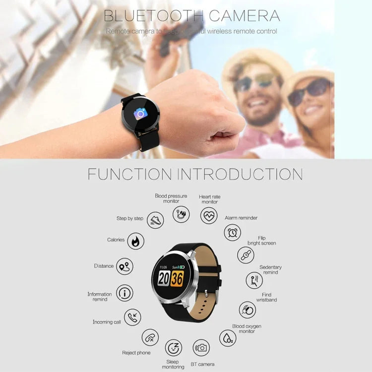 Q8 Smartwatch de Moda com Ecrã OLED a Cores IP67 à Prova de Água, Suporta Monitor de Frequência Cardíaca / Pressão Arterial Oxigénio / Rastreador de Fitness