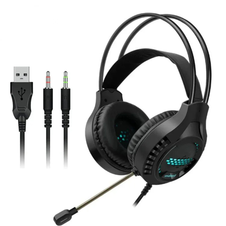 Smailwolf AK3 Auscultadores para Jogos com Fios Luminosos para Computador de Secretária, Estilo:, 3,5mm Duplo Plug Preto, USB Plug Único Preto