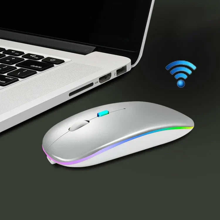 Y20 Rato Sem Fios para Portátil com 4 Teclas, Iluminação Colorida, Carregamento, Silencioso, 2.4G + Bluetooth (Prateado)
