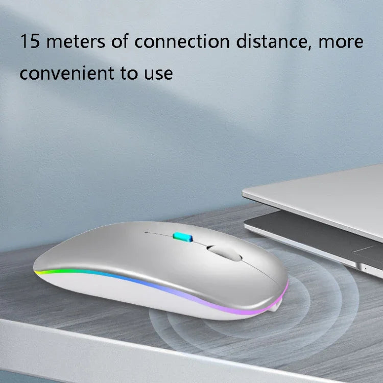 Y20 Rato Sem Fios para Portátil com 4 Teclas, Iluminação Colorida, Carregamento, Silencioso, 2.4G + Bluetooth (Prateado)