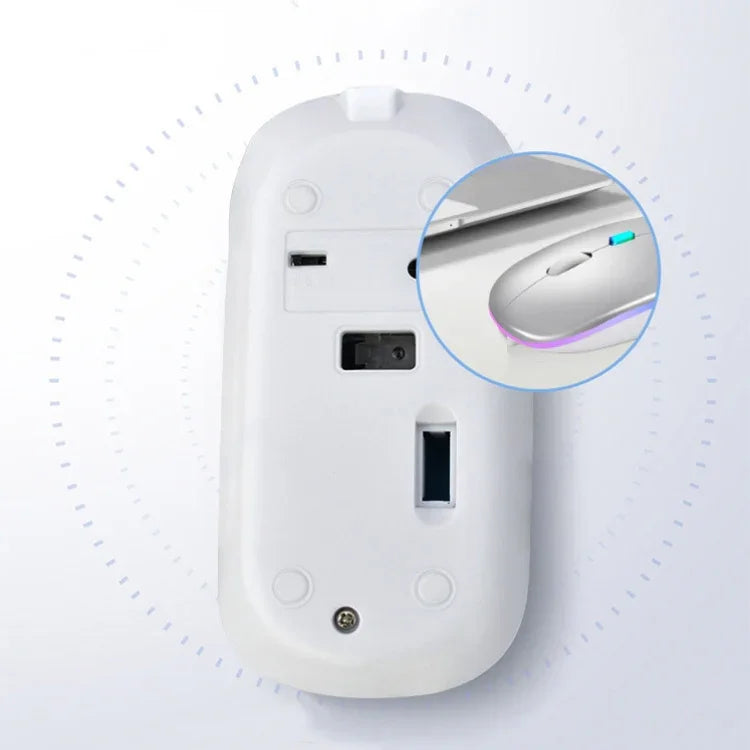 Y20 Rato Sem Fios para Portátil com 4 Teclas, Iluminação Colorida, Carregamento, Silencioso, 2.4G + Bluetooth (Prateado)