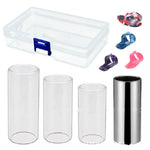 M02219 Conjunto 4 em 1 Barra Deslizante em Plexiglass + Barra Deslizante em Aço Inoxidável + Palheta de Dedo para Guitarra em Celulóide + Caixa de Plástico, Barra Deslizante em Plexiglass