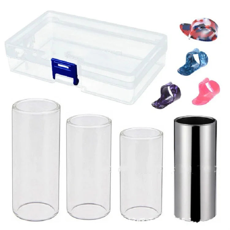 M02219 Conjunto 4 em 1 Barra Deslizante em Plexiglass + Barra Deslizante em Aço Inoxidável + Palheta de Dedo para Guitarra em Celulóide + Caixa de Plástico, Barra Deslizante em Plexiglass