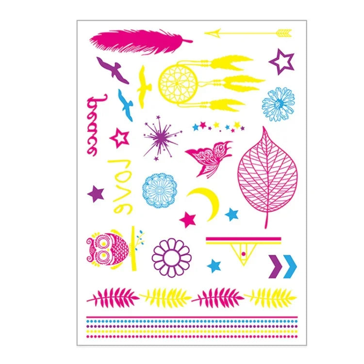 10 PCS Autocolantes de Tatuagem Fluorescentes de Flor para Braço, Autocolantes para Rosto, Impermeáveis, Tatuagem de Pena para Braço, DKCS010, DKCS017, DKCS019, DKCS022, DKCS025, DKCS028, DKCS032, DKCS033, DKCS034, DKCS036, DKCS037, DKCS042