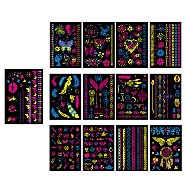 10 PCS Autocolantes de Tatuagem Fluorescentes de Flor para Braço, Autocolantes para Rosto, Impermeáveis, Tatuagem de Pena para Braço, DKCS010, DKCS017, DKCS019, DKCS022, DKCS025, DKCS028, DKCS032, DKCS033, DKCS034, DKCS036, DKCS037, DKCS042