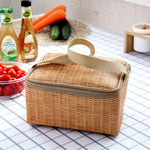 Marmita Térmica Portátil Isolada, Saco de Almoço em Lona com Imitação de Rattan, Recipiente para Piquenique