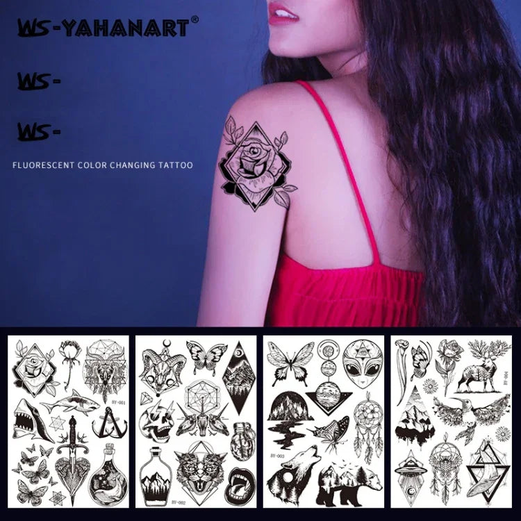 10 PCS Autocolantes de Tatuagem Fluorescentes Escuros que Mudam de Cor, Animais e Flores, Impermeáveis, para Adultos, BY-001, BY-002, BY-003, BY-004, BY-005, BY-006, BY-007, BY-008
