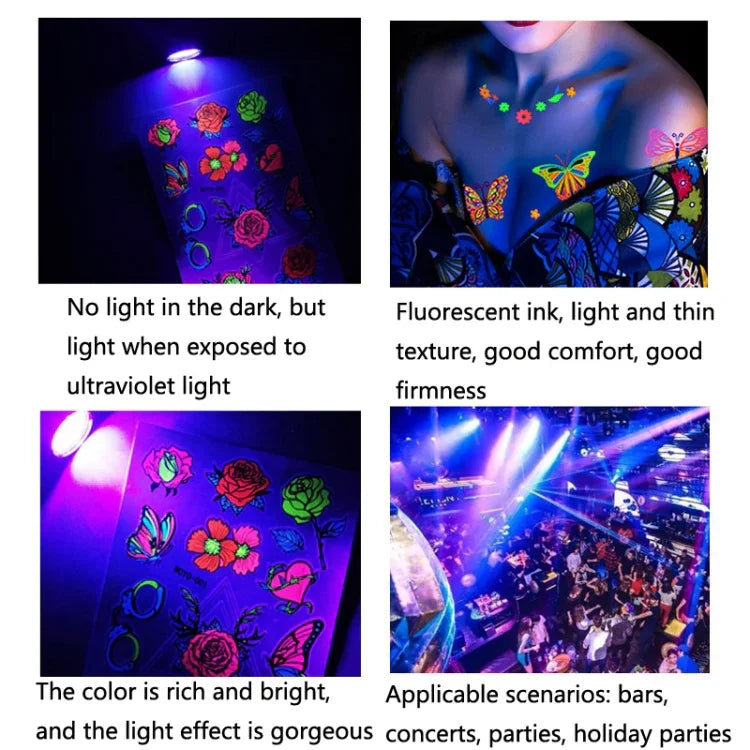 10 PCS Autocolantes de Tatuagem Fluorescentes Escuros que Mudam de Cor, Animais e Flores, Impermeáveis, para Adultos, BY-001, BY-002, BY-003, BY-004, BY-005, BY-006, BY-007, BY-008