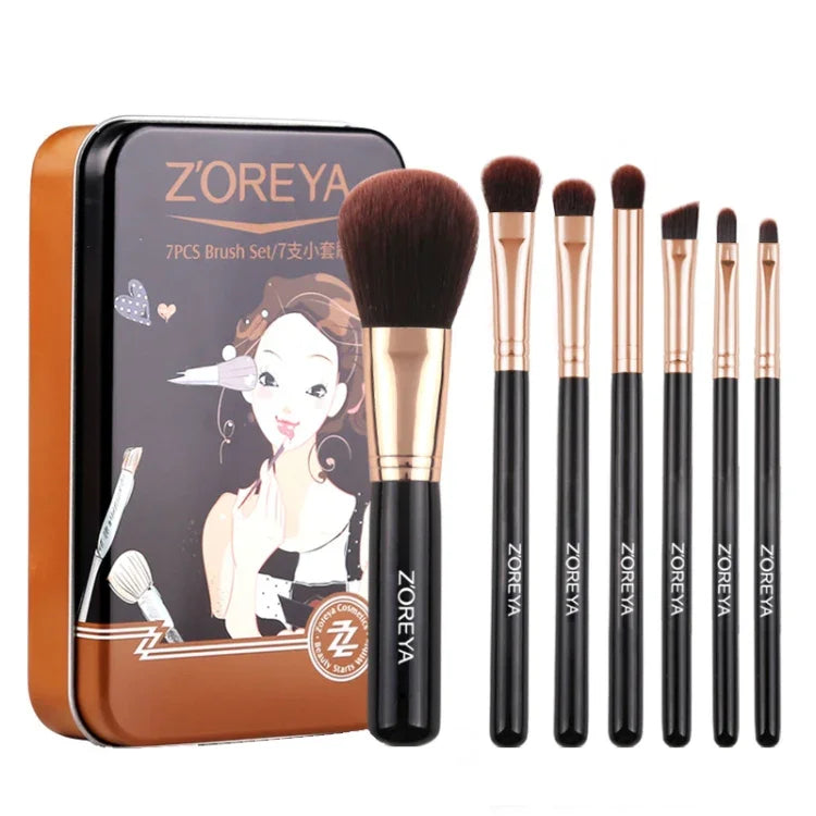Conjunto de Pincéis de Maquilhagem ZOREYA ZS744 7 em 1, Ferramentas de Beleza, Pincel, Rosa + Saco, Preto + Saco, Rosa + Caixa de Ferro, Preto + Caixa de Ferro