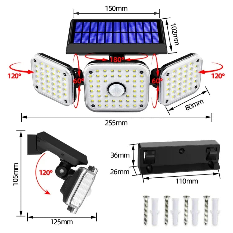 Luzes de Parede Solares Rotativas de 3 Cabeças com Sensor Humano, Impermeável para Jardim e Rua, 112 LED, 138 LED, 132 COB