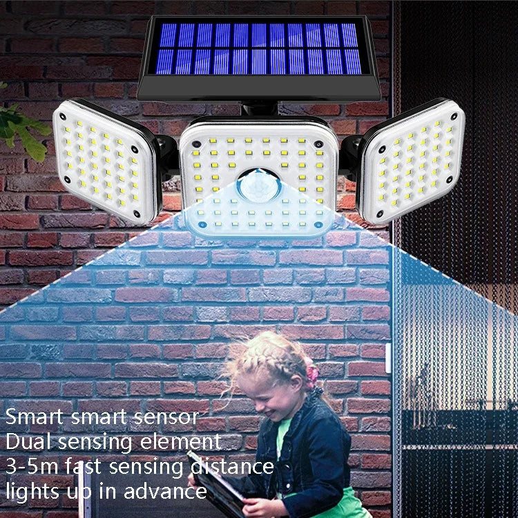 Luzes de Parede Solares Rotativas de 3 Cabeças com Sensor Humano, Impermeável para Jardim e Rua, 112 LED, 138 LED, 132 COB