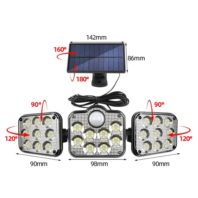 TG-TY075 Luz de Parede Solar Rotativa de 3 Cabeças com Sensor Corporal, Impermeável para Jardim, Estilo:, 138 LED Divisível, 108 LED Divisível, 171 COB Divisível, 122 LED Divisível