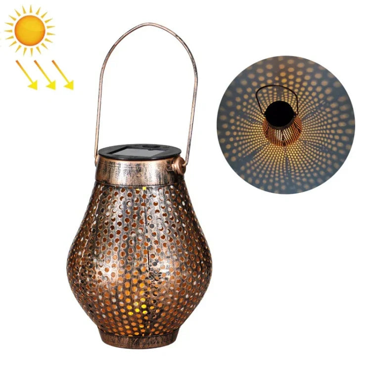 Lanterna portátil oca de ferro forjado LED solar para pátio exterior, Lanterna / Prateada, Lanterna / Cobre