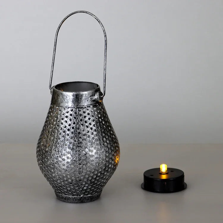 Lanterna portátil oca de ferro forjado LED solar para pátio exterior, Lanterna / Prateada, Lanterna / Cobre