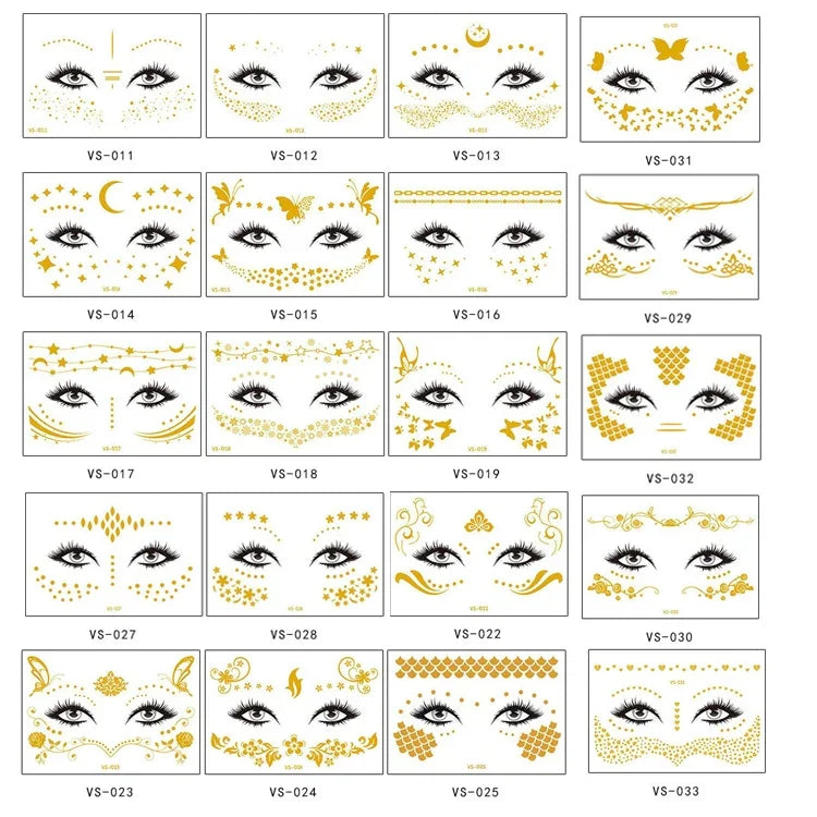 20 UN Autocolantes de Tatuagem Facial Impermeáveis Bronzeadores para Festa Máscara, VS-011, VS-012, VS-013, VS-014, VS-015, VS-016, VS-017, VS-018, VS-019, VS-022, VS-023, VS-024, VS-025, VS-027, VS-028, VS-029, VS-030, VS-031, VS-032, VS-033