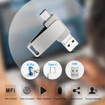 USB 3.0 + 8 Pinos + USB-C / Tipo-C Pen Drive Metálico Giratório 3 em 1 para Telemóvel e Computador, 32GB, 16GB, 64GB