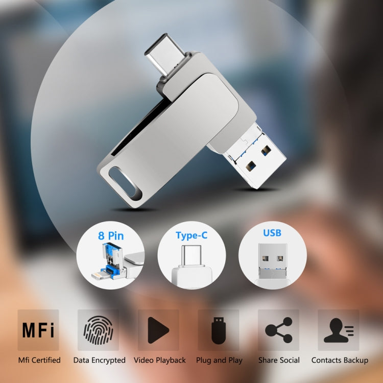USB 3.0 + 8 Pinos + USB-C / Tipo-C Pen Drive Metálico Giratório 3 em 1 para Telemóvel e Computador, 32GB, 16GB, 64GB