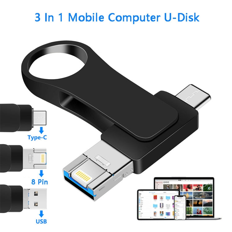 USB 3.0 + 8 Pinos + USB-C / Tipo-C Pen Drive Metálico 3 em 1 para Telemóvel e Computador, 8GB, 16GB, 32GB, 64GB