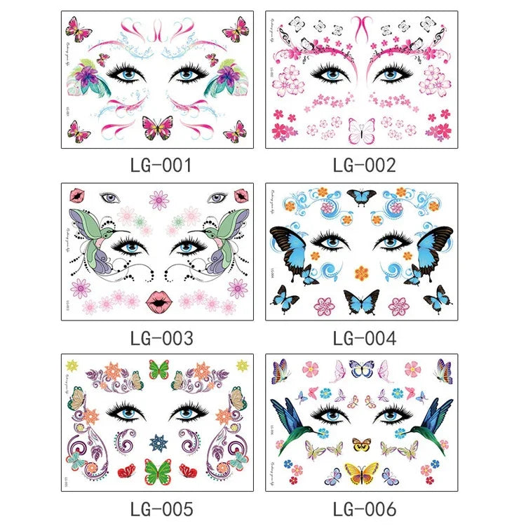 10 UN Autocolantes de Tatuagem com Glitter à prova de água para Festival de Música, LG-001, LG-002, LG-003, LG-004, LG-005, LG-006